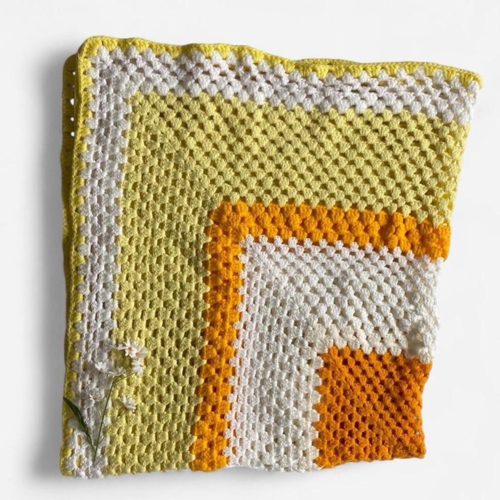 Vintage Handmade Crochet Throw Blanket in Yellow and Orange